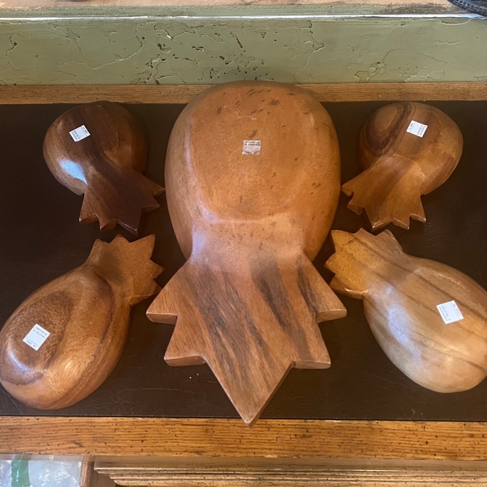 Vintage Handcrafted Monkey Pod Wood Pineapple Salad Set 7pc Philippines Tiki - Picture 5 of 12